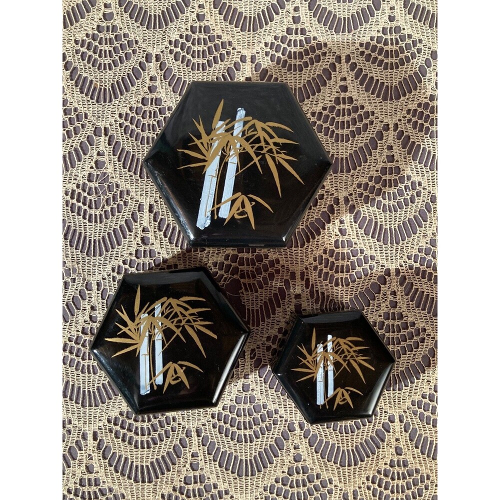 Vintage 80s Black Lacquer Nesting Trinket Boxes Set of 3 Asian Floral Hong Kong